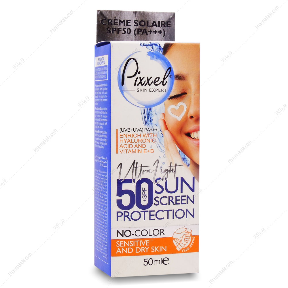 کرم ضدآفتاب SPF50 بدون رنگ پیکسل مناسب پوست های خشک تا نرمال و حساس